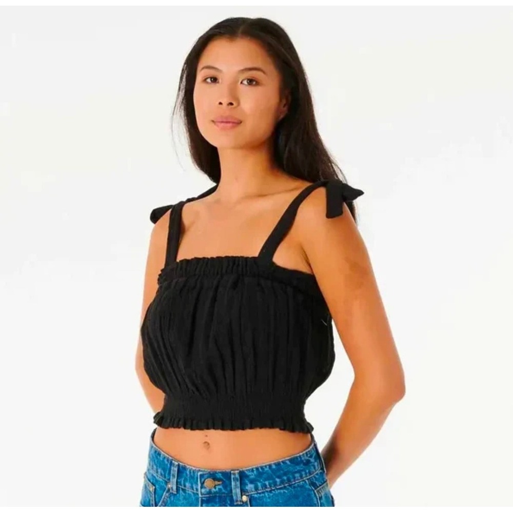 Rip Curl Womens Black Cotton Gauze Smocked Tie Strap Crop Top 01HWSH Large
